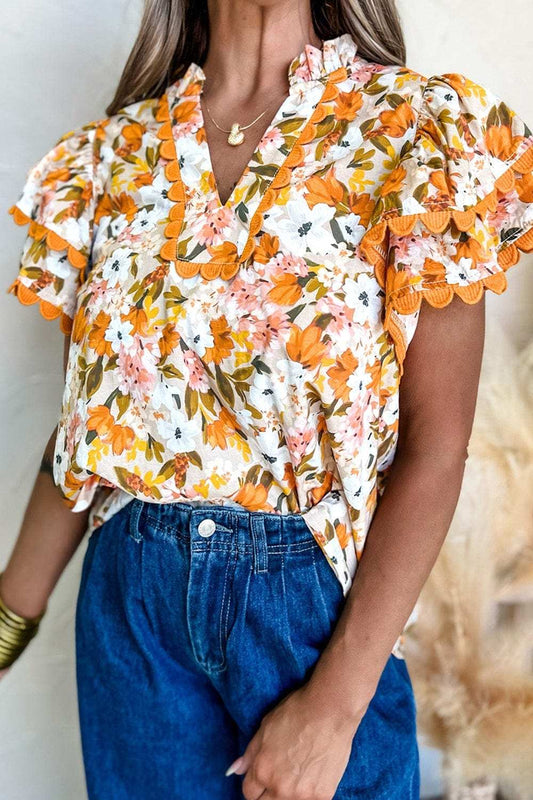 Ruffled Notched Short Sleeve Floral Blouse - Trendsi - Flyclothing LLC