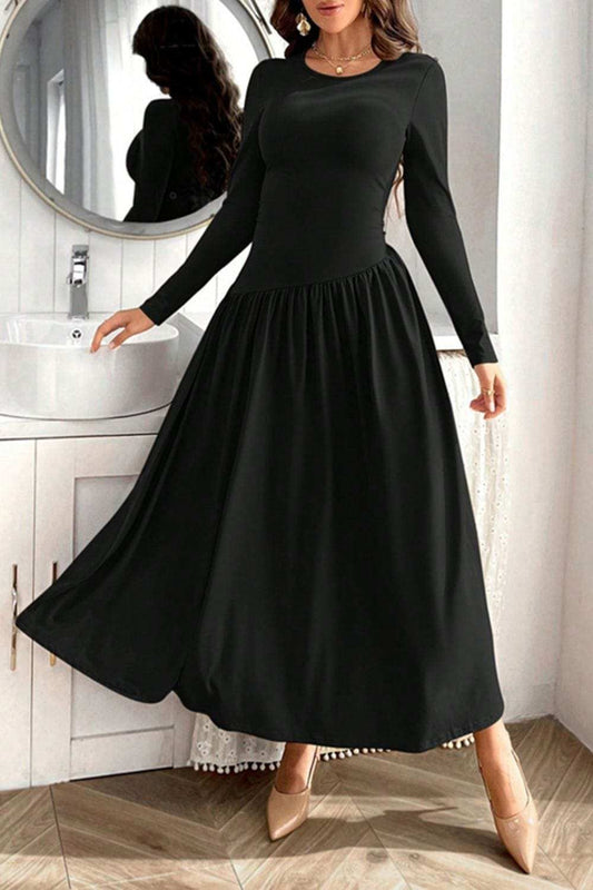 Ruched Round Neck Long Sleeve Dress - Trendsi - Flyclothing LLC