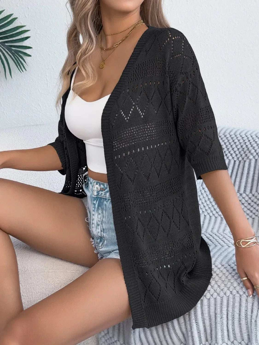 Openwork Open Front Half Sleeve Cardigan - Trendsi - Flyclothing LLC