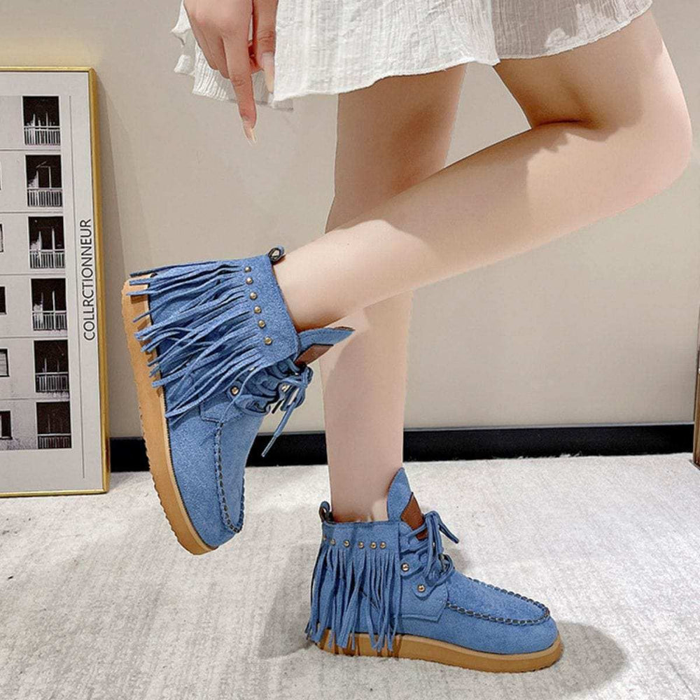 Fringe Studded Round Toe Canvas Boots - Trendsi - Flyclothing LLC
