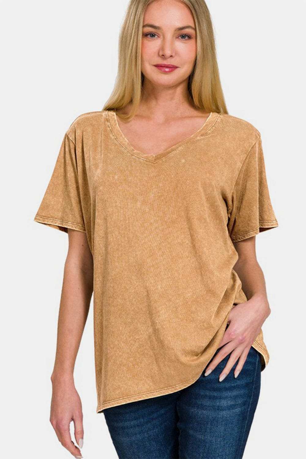 Zenana Full Size Washed Short Sleeve V-Neck T-Shirt - Trendsi - Flyclothing LLC
