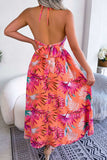 Botanical Print Tied Backless Cutout Slit Dress - Trendsi - Flyclothing LLC