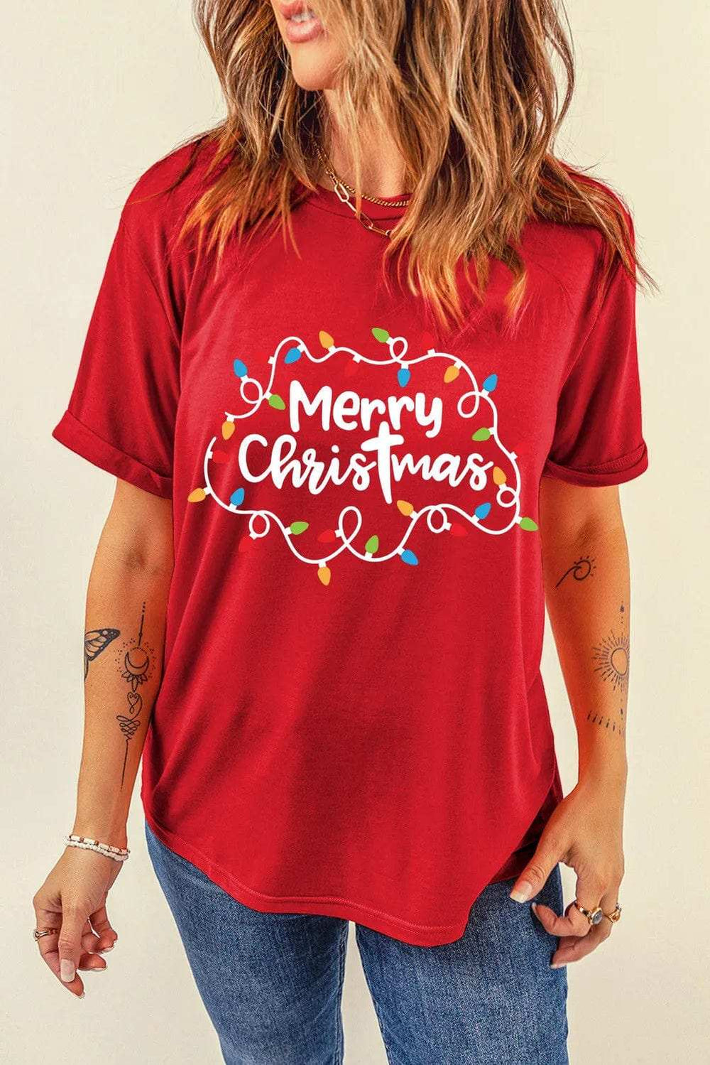 MERRY CHRISTMAS Round Neck Short Sleeve T-Shirt - Trendsi - Flyclothing LLC