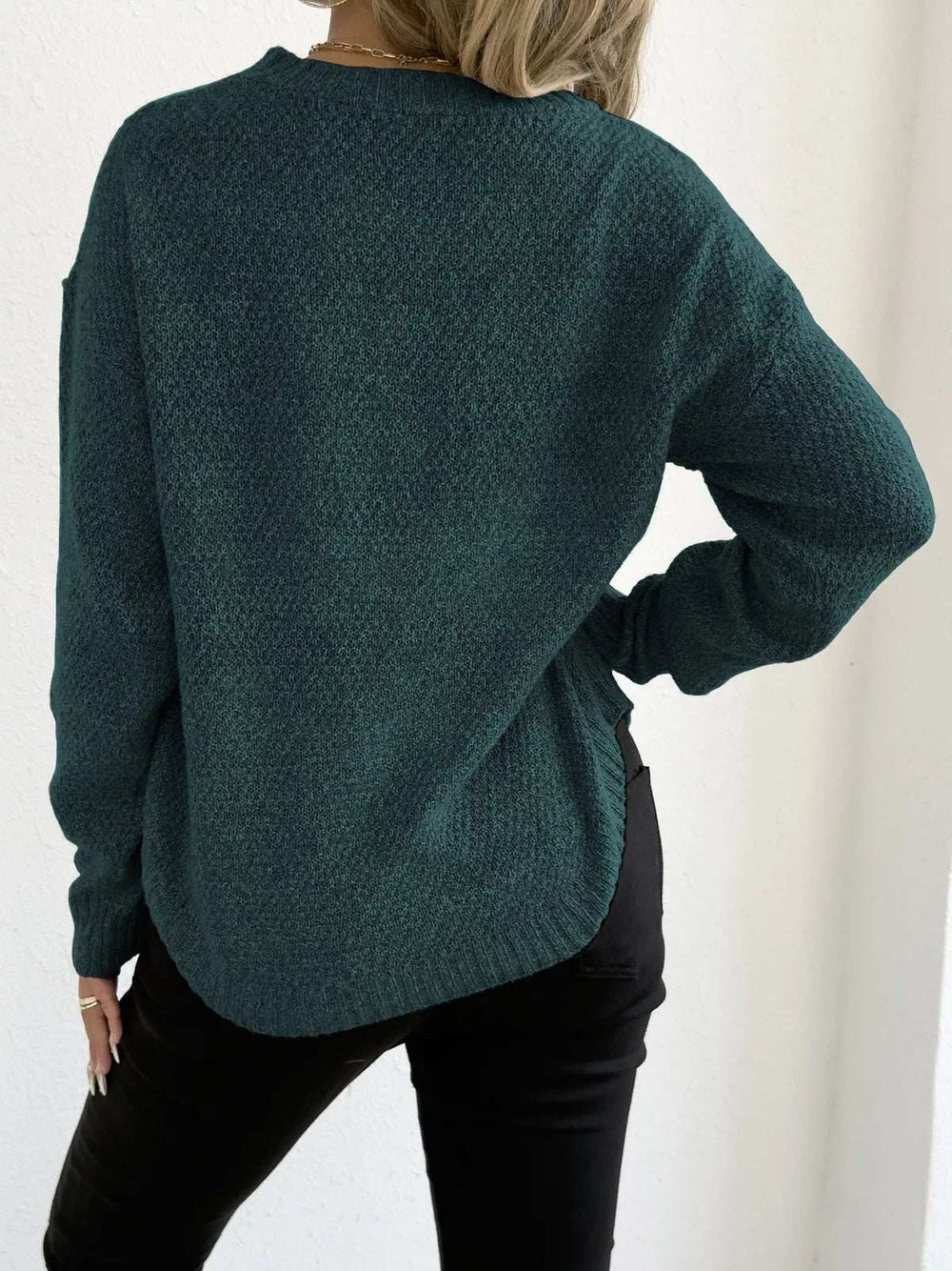 Textured Knit Relaxed Fit Round Neck Sweater - Trendsi - Flyclothing LLC