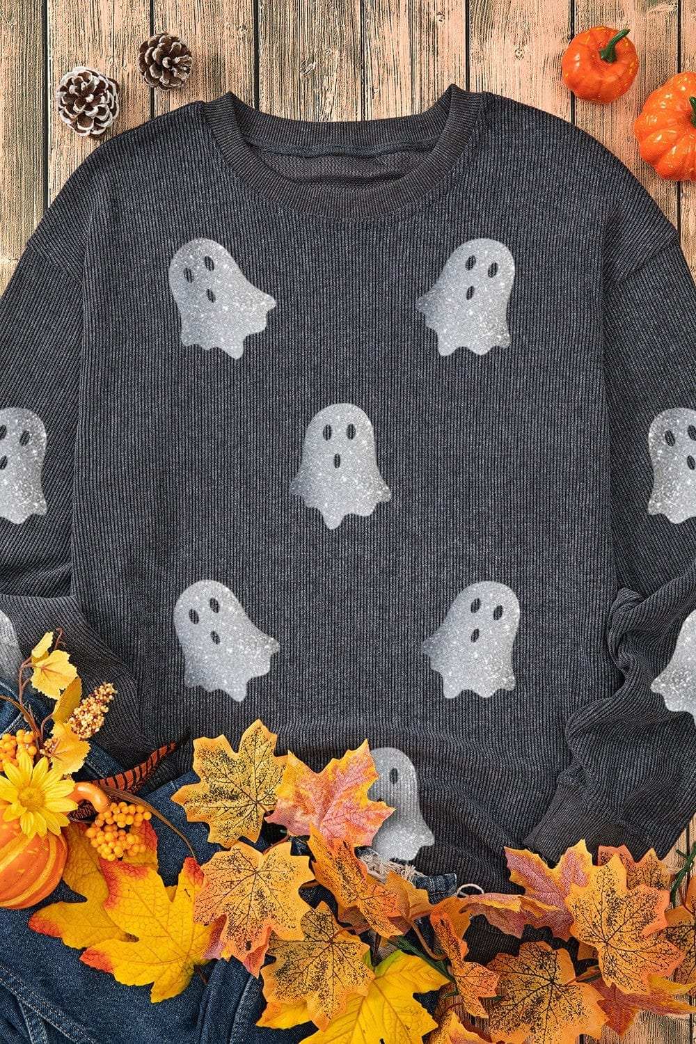 Glitter Ghost Round Neck Long Sleeve Sweatshirt - Trendsi - Flyclothing LLC