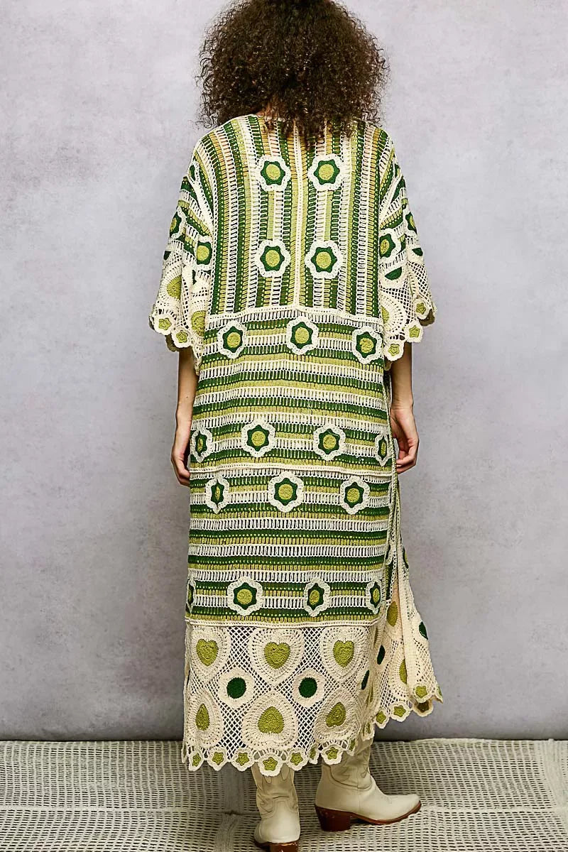 POL Striped and Floral Pattern Crochet Longline Cardigan - Trendsi - Flyclothing LLC