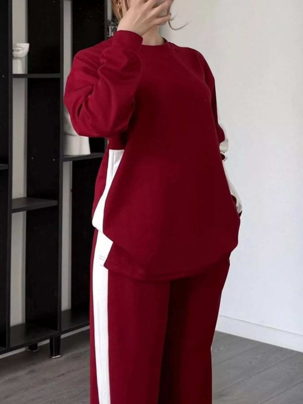 Full Size Contrast Round Neck Top and Pants Set Plus Size - Trendsi - Flyclothing LLC