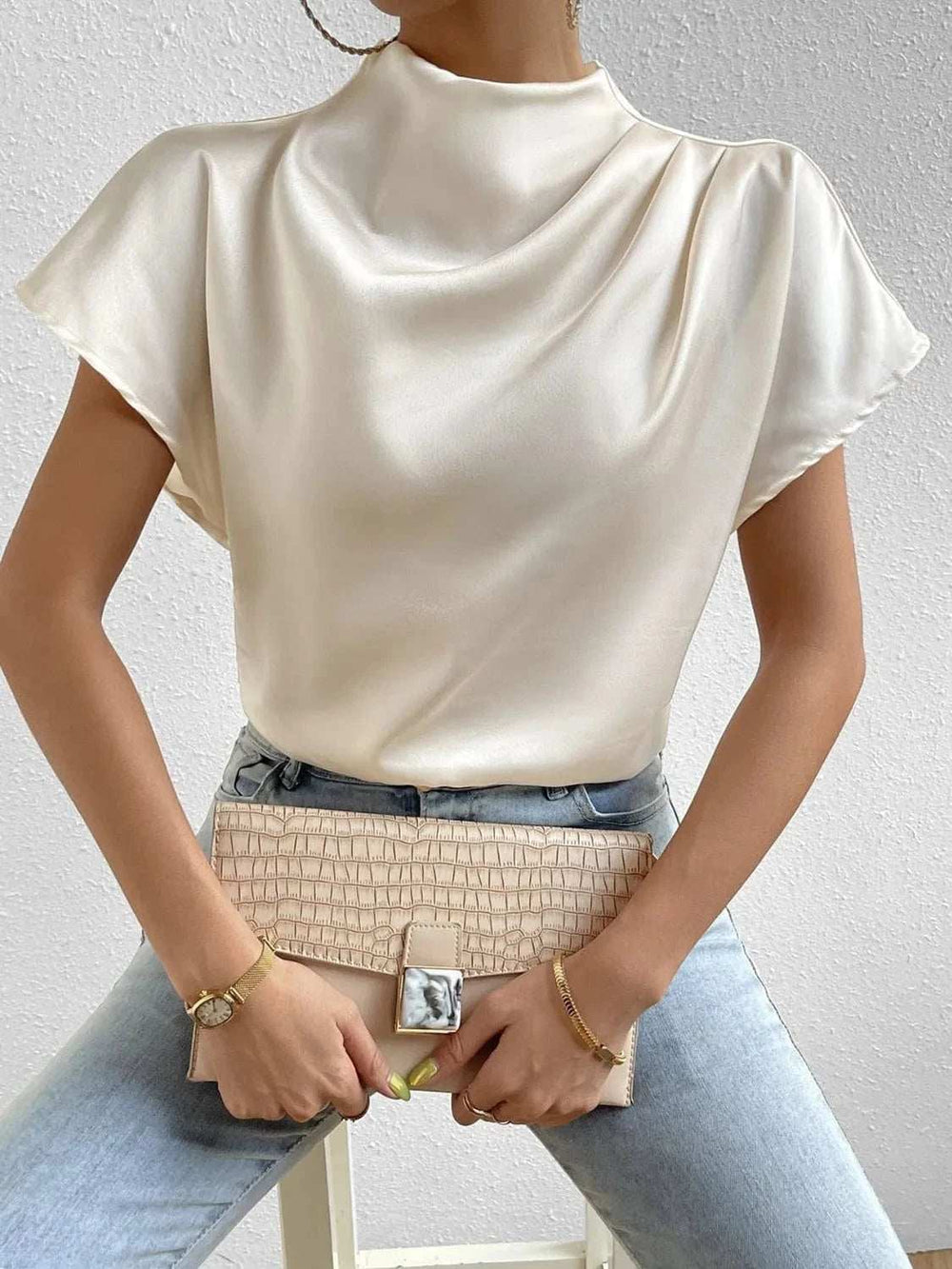 Mock Neck Short Sleeve Blouse - Trendsi - Flyclothing LLC