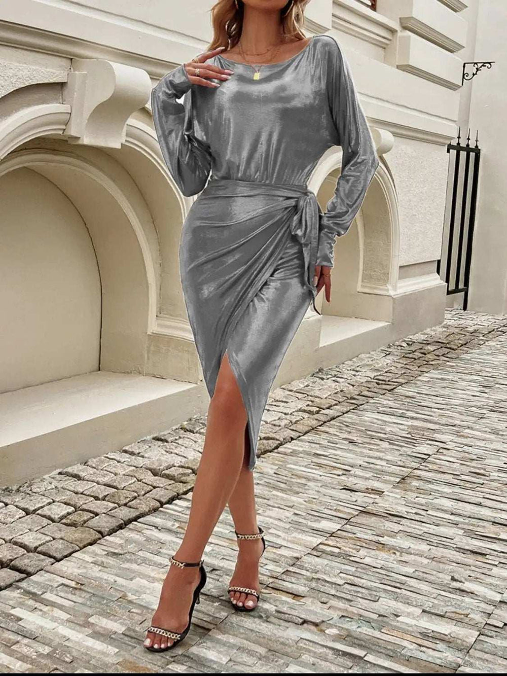 Devine Tied Boat Neck Long Sleeve Dress - Trendsi - Flyclothing LLC