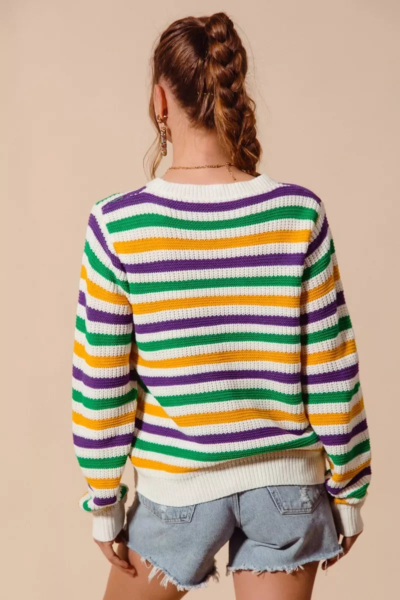 SO ME Mardi Gras Color Stripe Knit Sweater Top - Trendsi - Flyclothing LLC