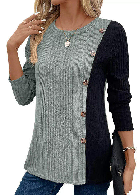 Color Block Ribbed Knit Decor Button T-Shirt - Trendsi - Flyclothing LLC