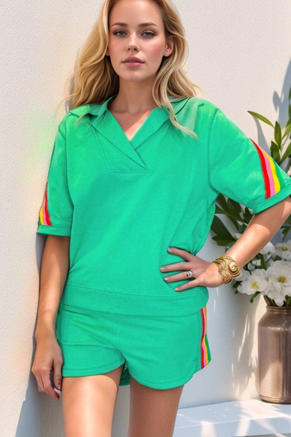 Rainbow Collared Short Sleeve Top and Shorts Set - Trendsi - Flyclothing LLC