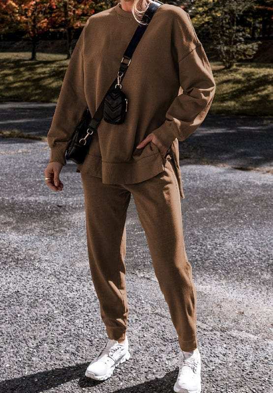 Side Slit Round Neck Long Sleeve Top and Pants Set - Trendsi - Flyclothing LLC