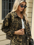 Pocketed Leopard Long Sleeve Denim Jacket - Trendsi - Flyclothing LLC