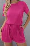 Round Neck Short Sleeve Top and Shorts Set - Trendsi - Flyclothing LLC