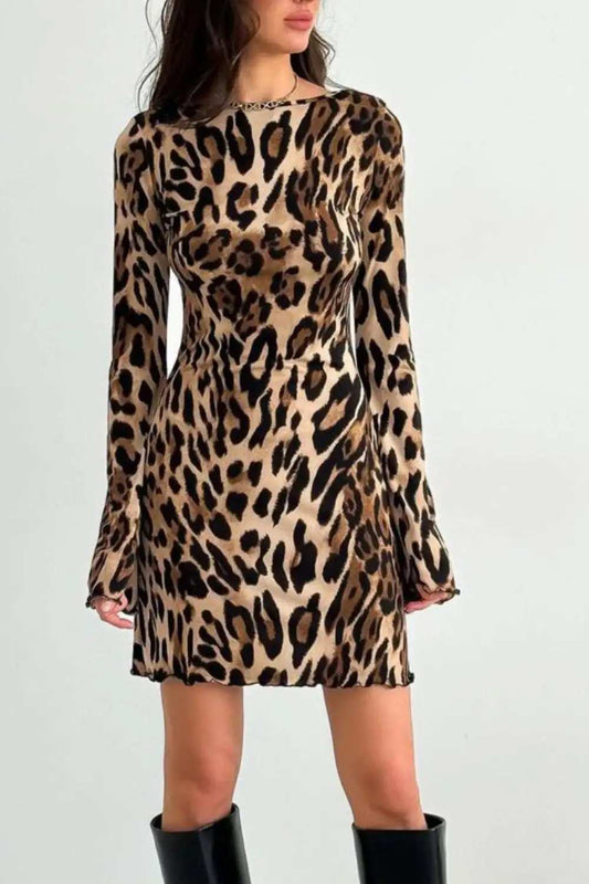 Leopard Backless Long Sleeve Mini Dress - Trendsi - Flyclothing LLC