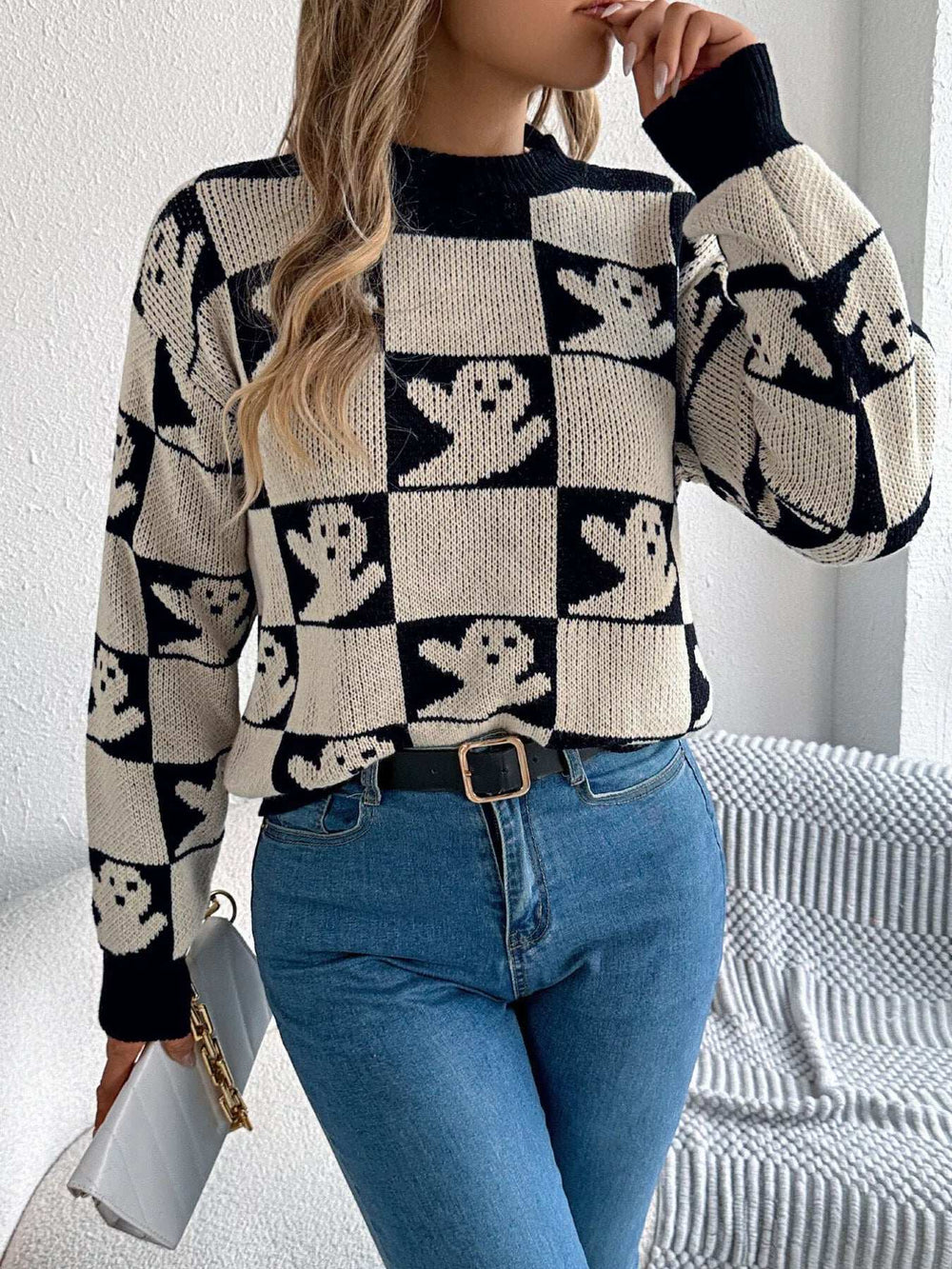 Halloween Ghost Pattern Checkered Round Neck Sweater - Trendsi - Flyclothing LLC