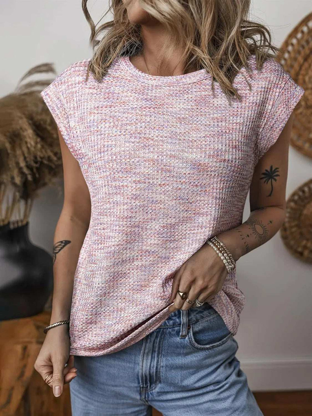 Round Neck Knit Cap Sleeve Top - Trendsi - Flyclothing LLC