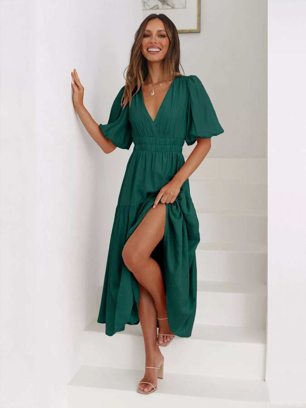 Tiered Puff Sleeve Midi Dress - Trendsi - Flyclothing LLC