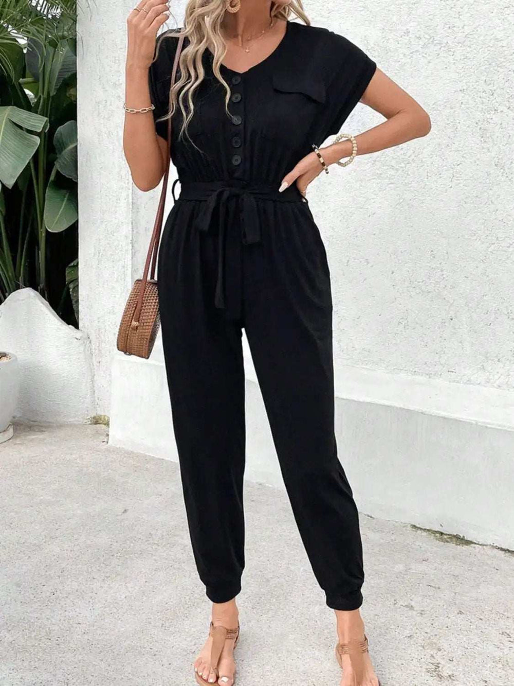 V-Neck Short Sleeve Jumpsuit - Trendsi - Flyclothing LLC