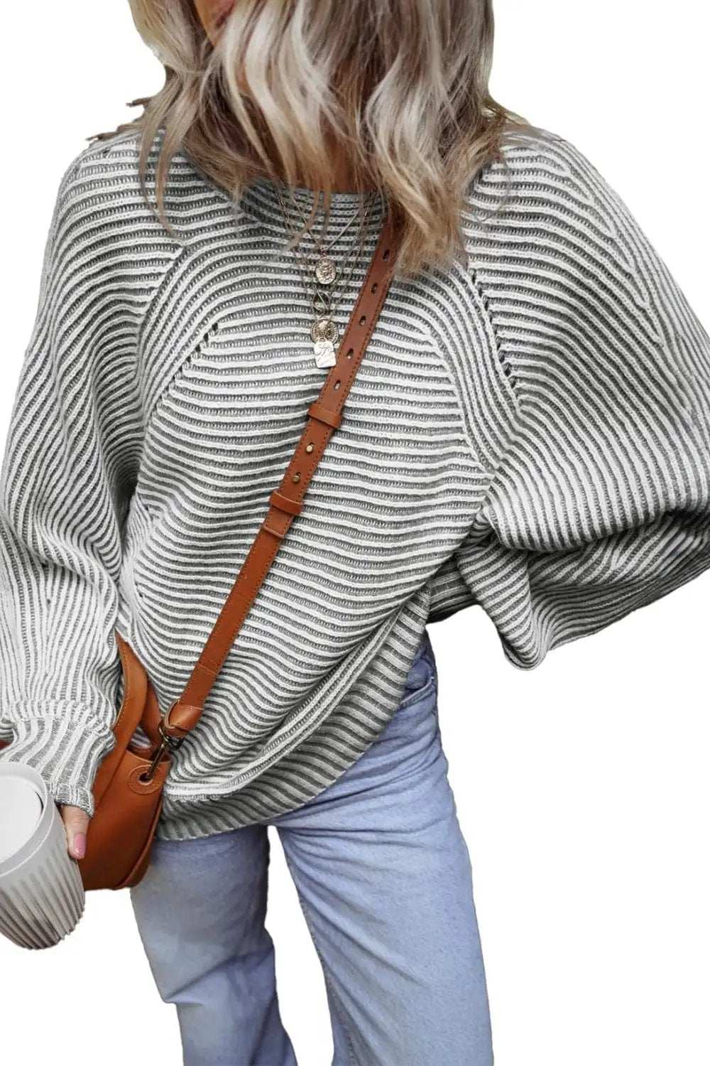 Textured Striped Round Neck Long Sleeve Top - Trendsi - Flyclothing LLC