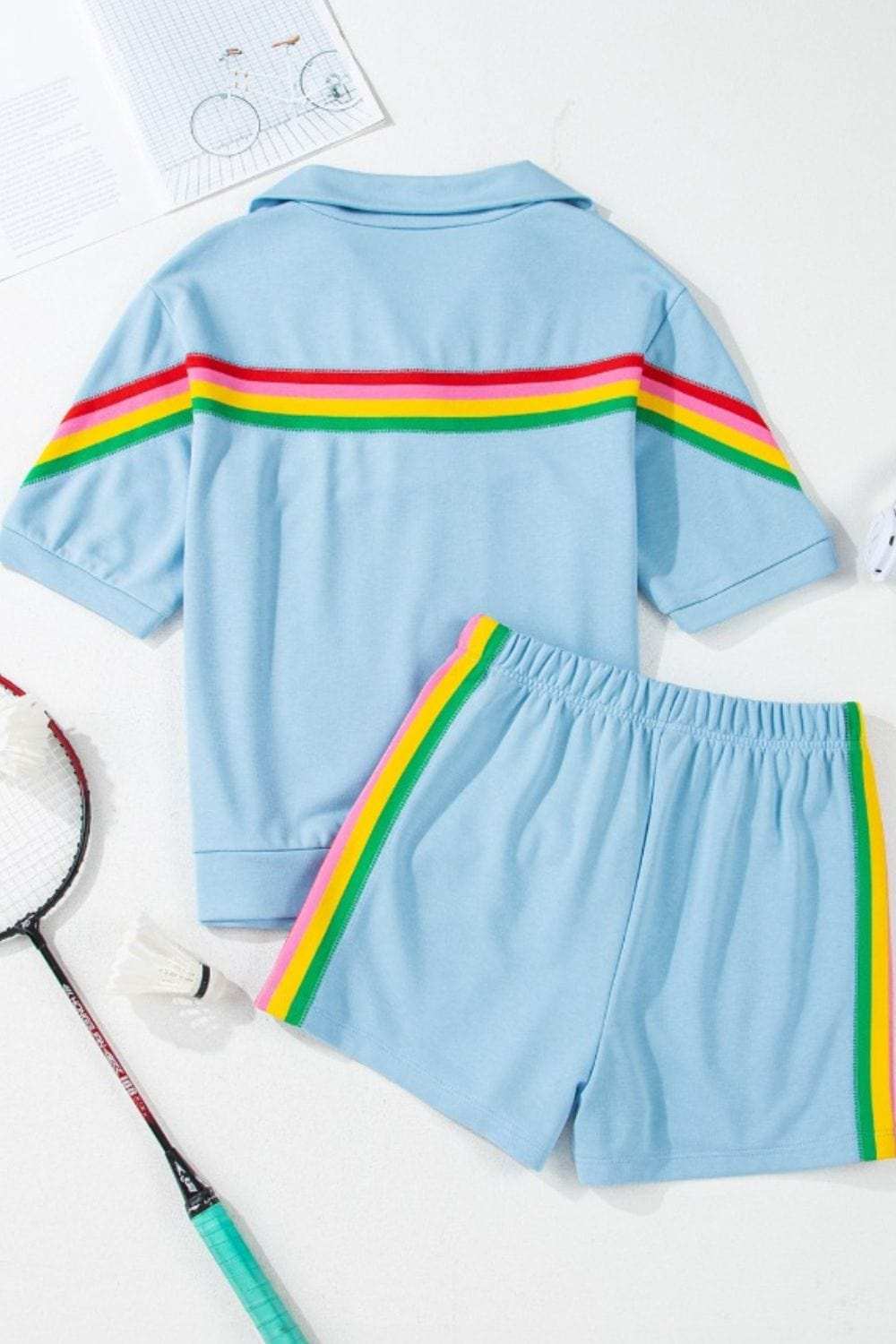 Rainbow Collared Short Sleeve Top and Shorts Set - Trendsi - Flyclothing LLC