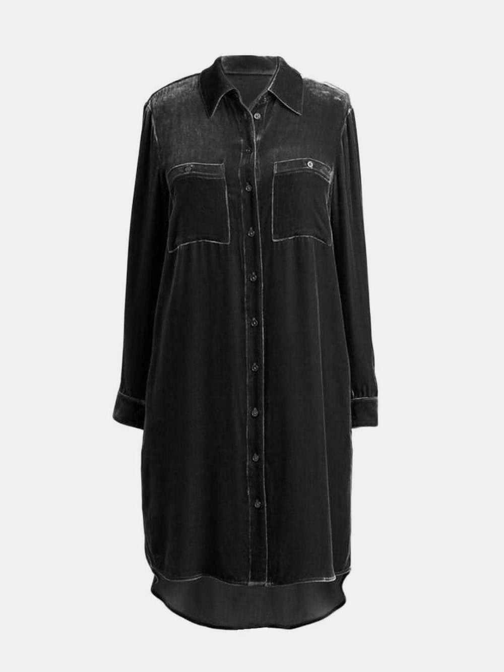 High-Low Button Up Long Sleeve Knee Length Dress - Trendsi - Flyclothing LLC