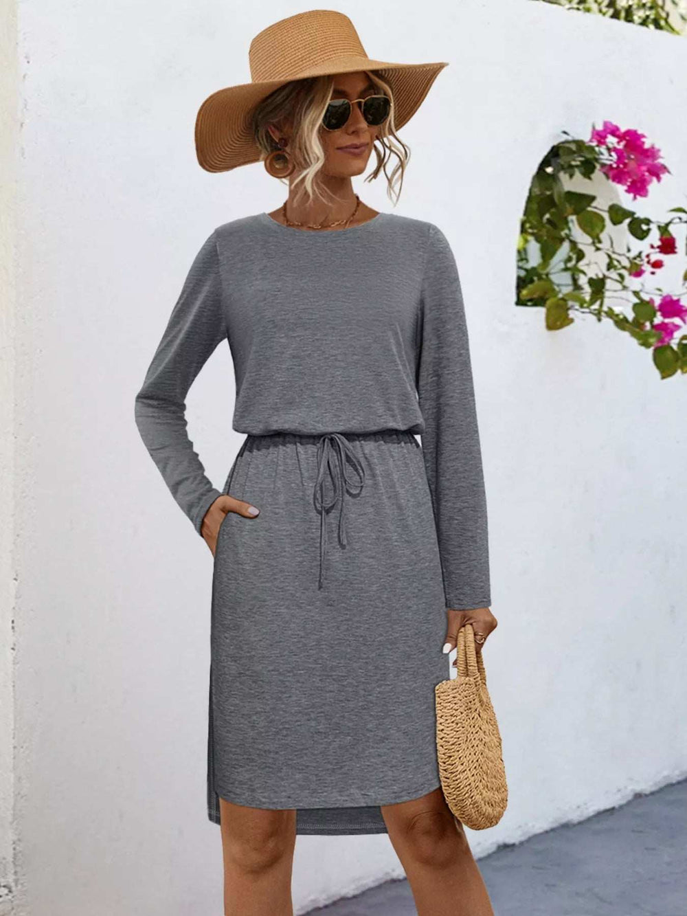 Long Sleeve Drawstring Midi Dress - Trendsi - Flyclothing LLC