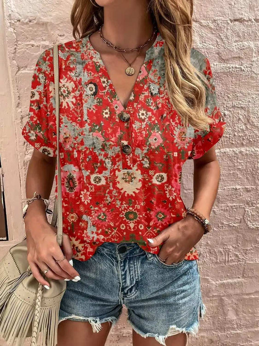 Full Size Printed Notched Short Sleeve Blouse - Trendsi - Flyclothing LLC
