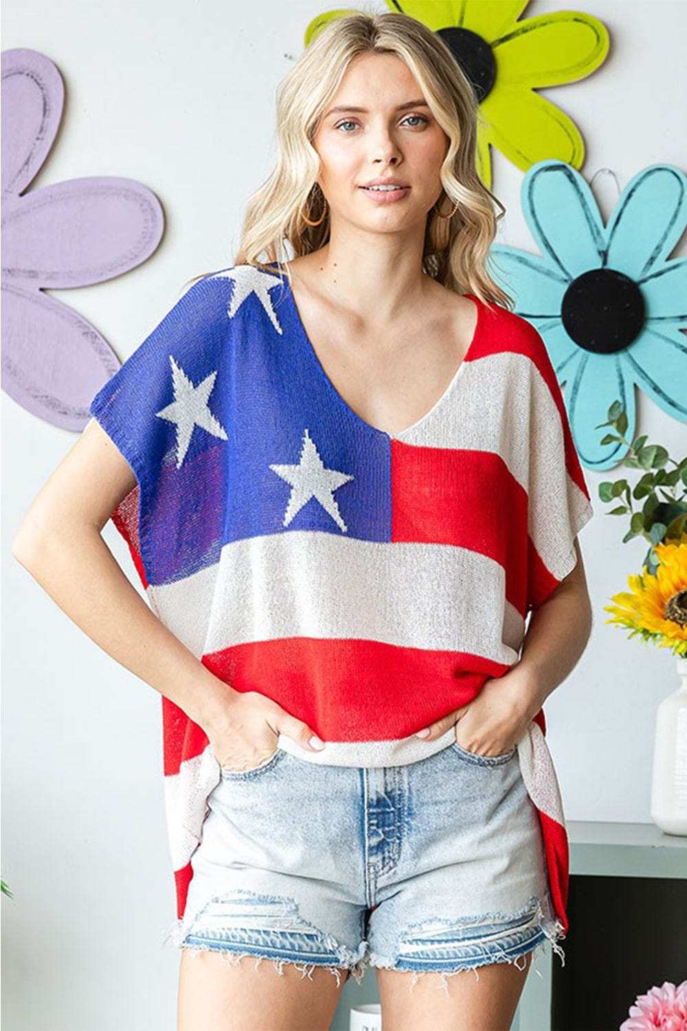 First Love Full Size USA Flag Drop Shoulder Knit Top - Trendsi - Flyclothing LLC