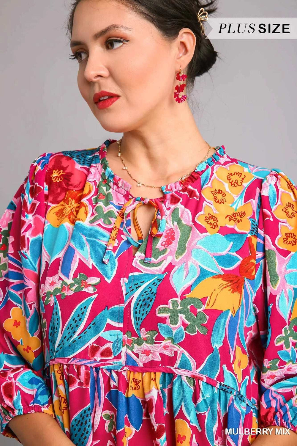 Umgee Full Size Floral Print Tie Neck Midi Dress with Pockets Plus Size - Trendsi - Flyclothing LLC