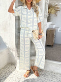 Devine Printed Collared Neck Half Sleeve Top and Pants Set - Trendsi - Flyclothing LLC