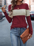 Color Block Round Neck Long Sleeve Top - Trendsi - Flyclothing LLC