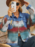 Geometric Button Up Dropped Shoulder Denim Jacket - Trendsi - Flyclothing LLC