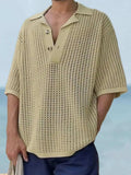 Men's Plus Size Openwork Collared Neck Quarter Button Knit Polo - Trendsi - Flyclothing LLC