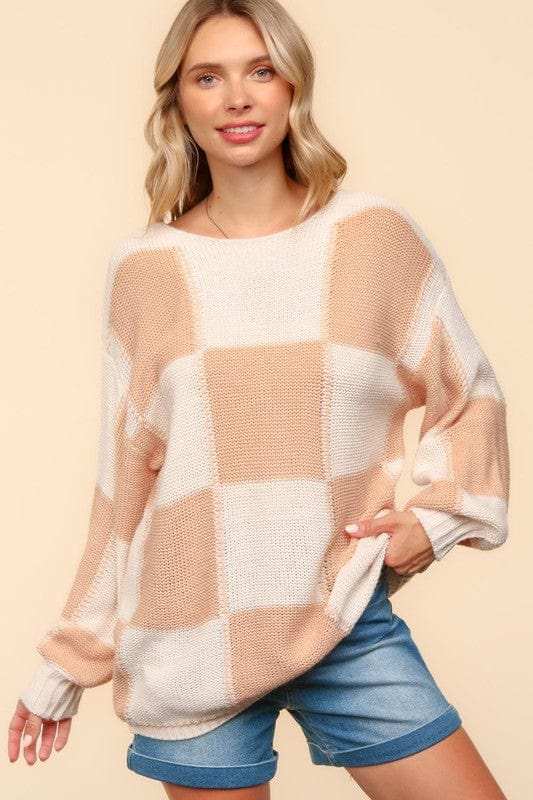 Haptics Full Size Checkered Round Neck Drop Shoulder Sweater - Trendsi - Flyclothing LLC