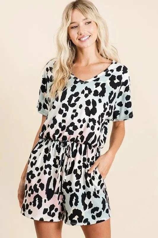 BiBi Gradation Leopard Soft Knit V-neck Romper - Trendsi - Flyclothing LLC