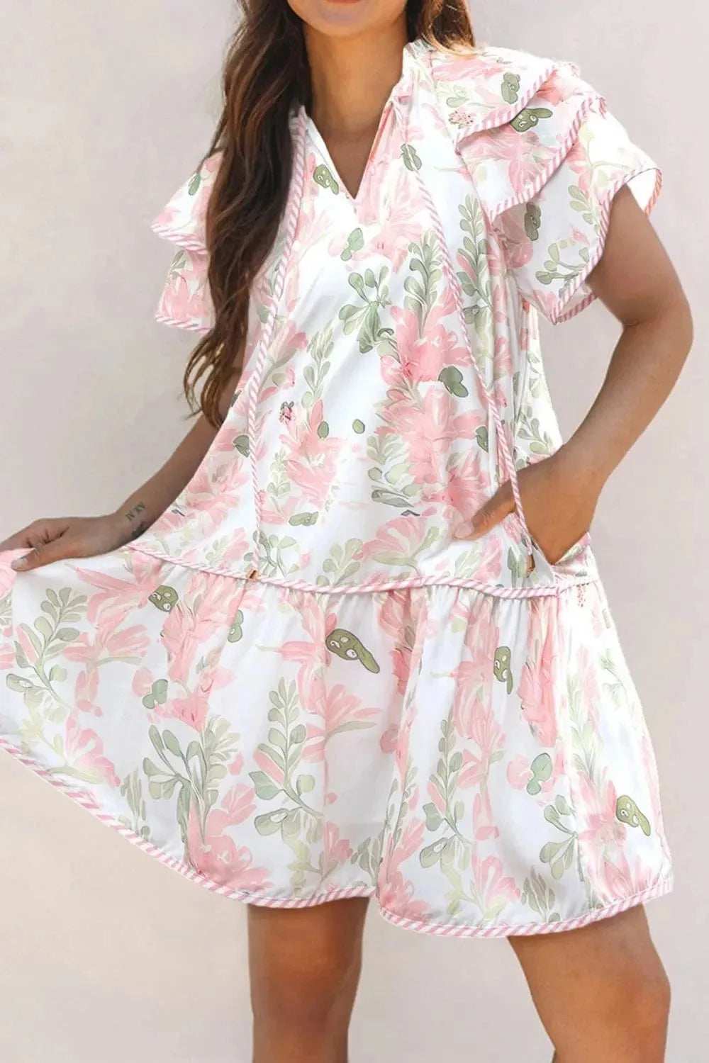 Floral Contrast Edge Layered Short Sleeve Mini Dress - Trendsi - Flyclothing LLC