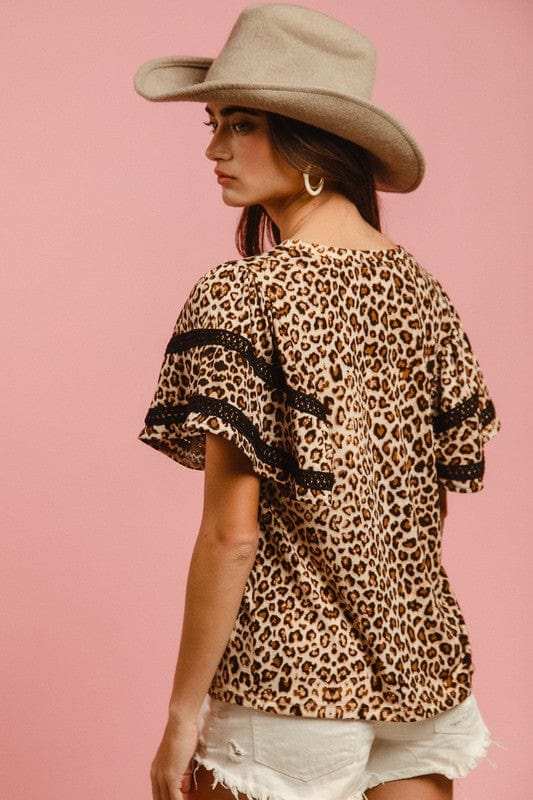 BiBi Leopard Crochet Trim Round Neck Short Sleeve Top - Trendsi - Flyclothing LLC