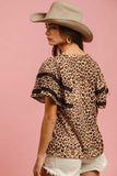 BiBi Leopard Crochet Trim Round Neck Short Sleeve Top - Trendsi - Flyclothing LLC