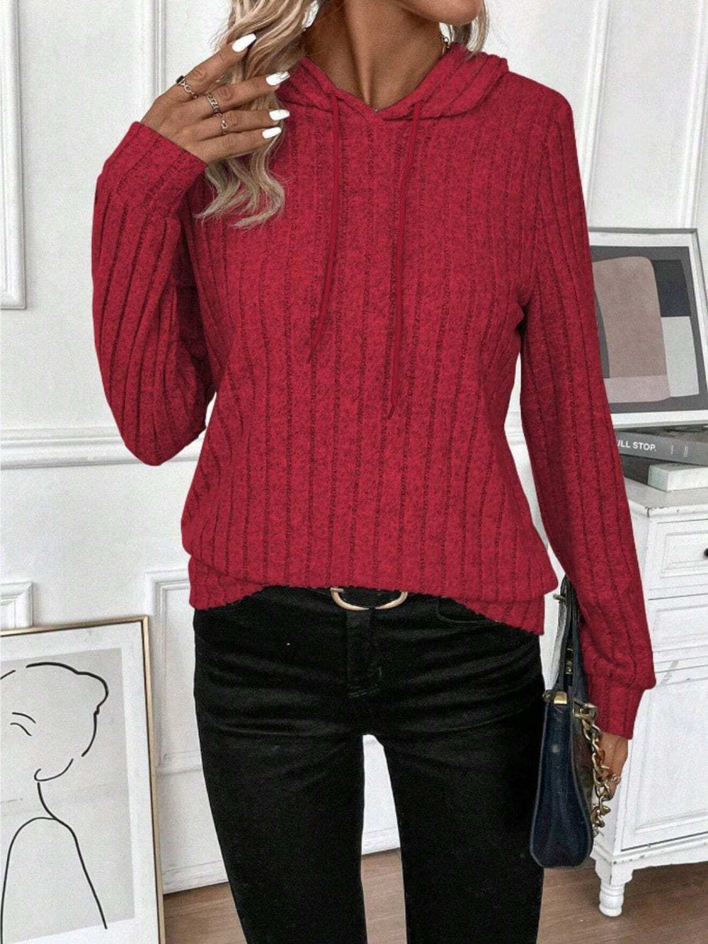 Drawstring Ribbed Long Sleeve Hoodie - Trendsi - Flyclothing LLC