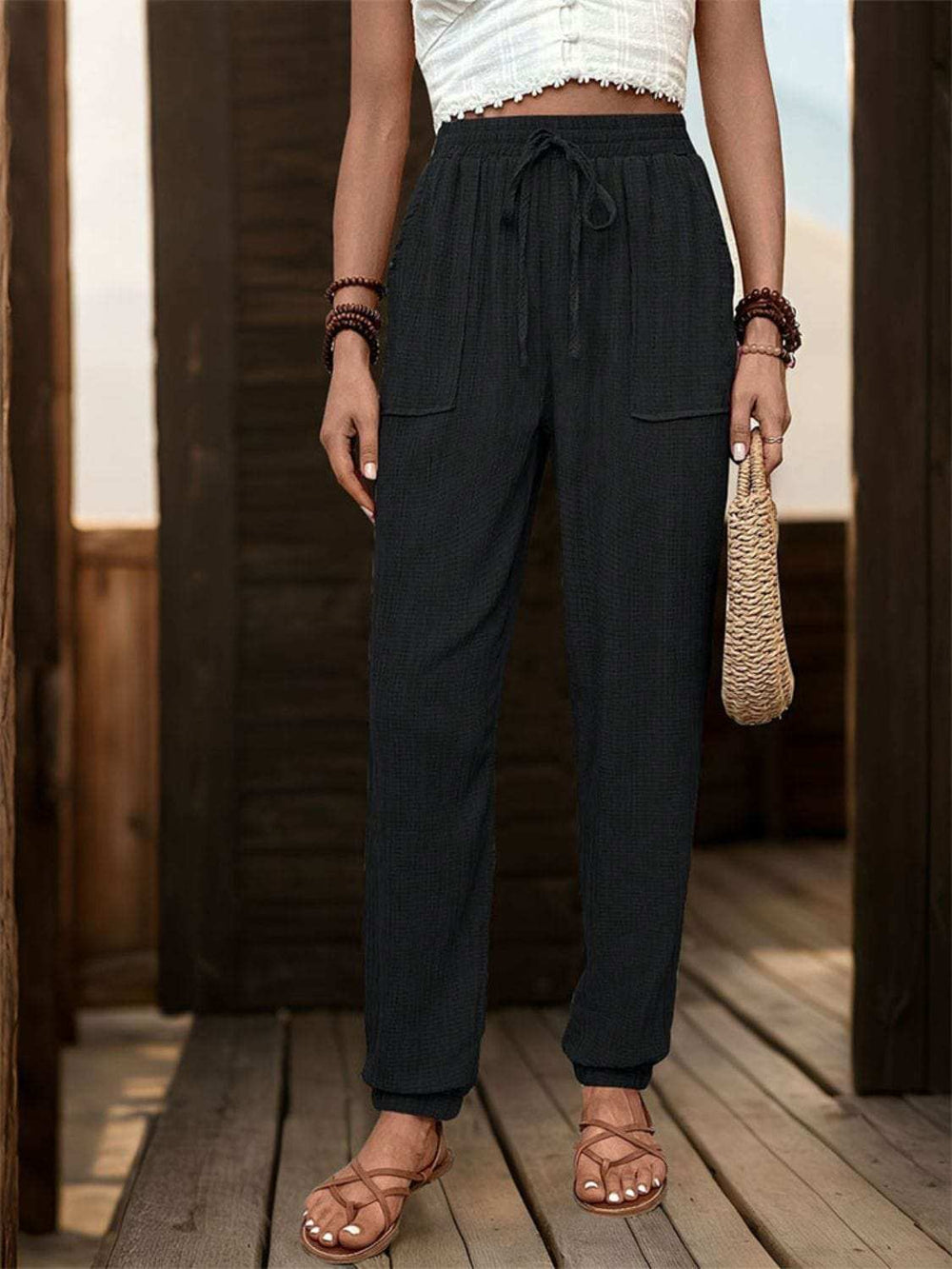 Textured High Waist Joggers - Trendsi - Flyclothing LLC