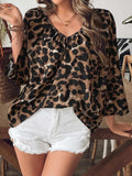 Oversized Leopard V-Neck Three-Quarter Sleeve Blouse - Trendsi - Flyclothing LLC
