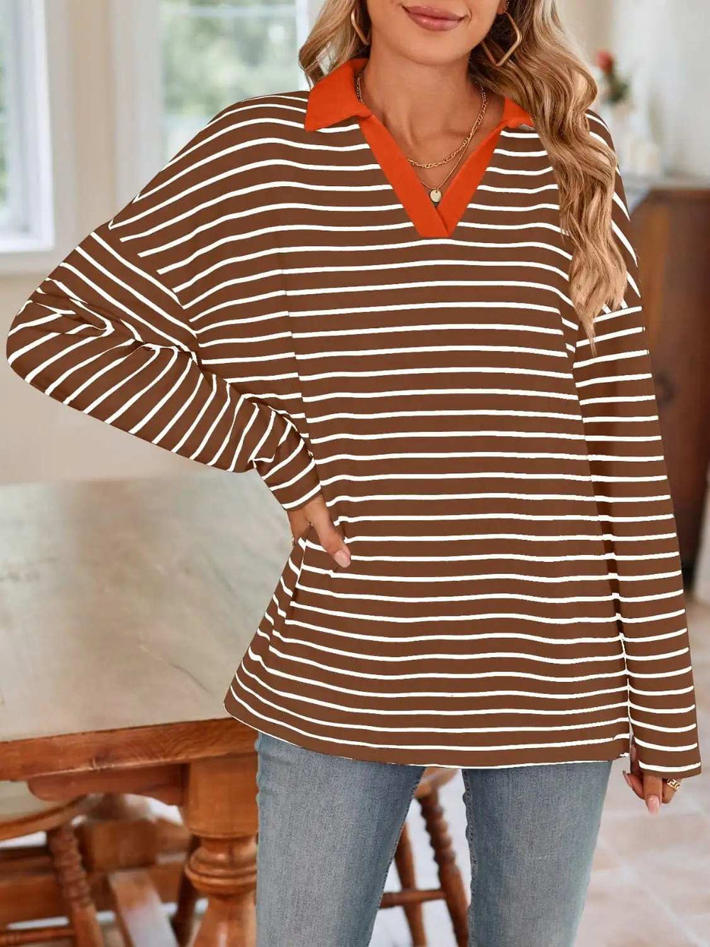 Striped Johnny Collar Long Sleeve T-Shirt - Trendsi - Flyclothing LLC