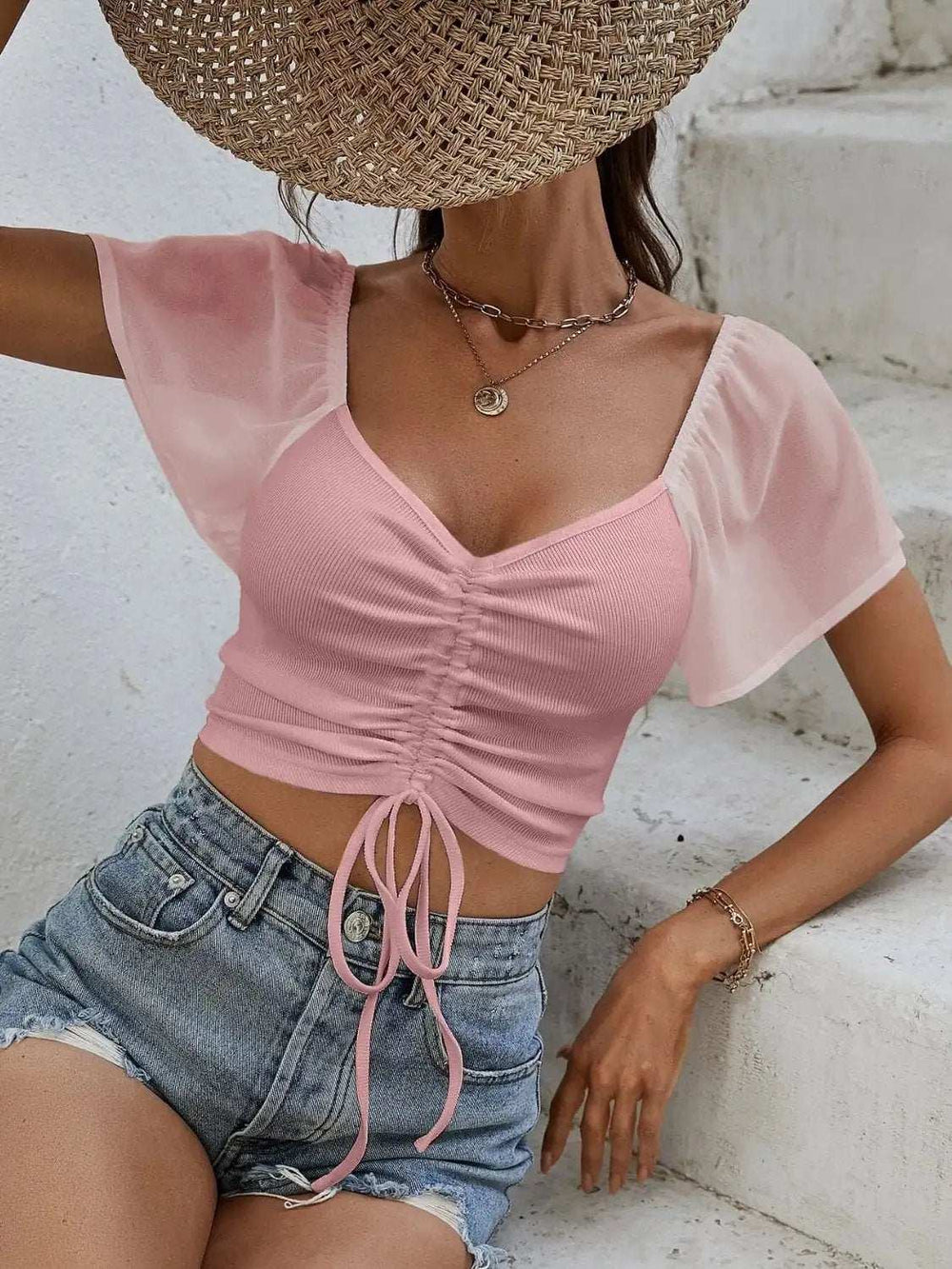 Drawstring Short Sleeve Crop Top - Trendsi - Flyclothing LLC