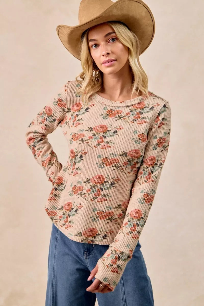 BiBi Floral Print Washed Waffle Thermal Top with Thumb - Trendsi - Flyclothing LLC