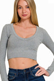 Zenana Seamless Fitted Rib V-neck Long Sleeve Crop Top - Trendsi - Flyclothing LLC