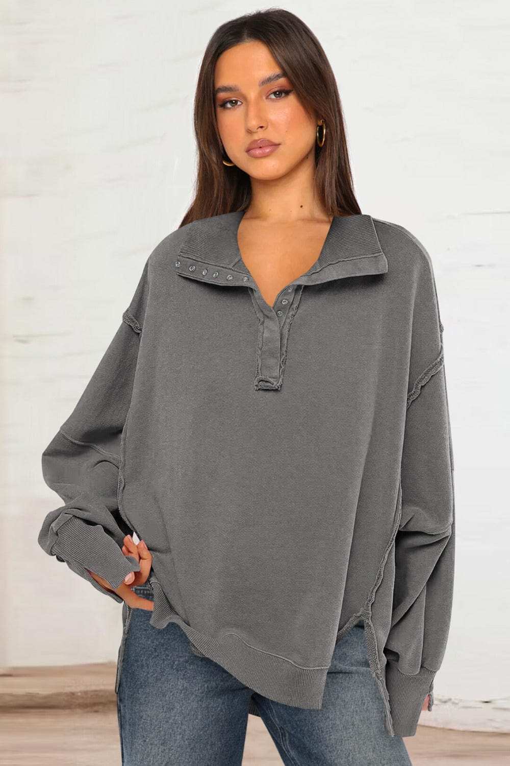 Exposed Seam Side Slit Long Sleeve Sweatshirt - Trendsi - Flyclothing LLC
