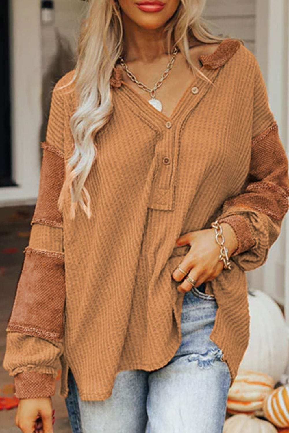 Contrast Patched Exposed Seam Waffle Knit Henley Top - Trendsi - Flyclothing LLC