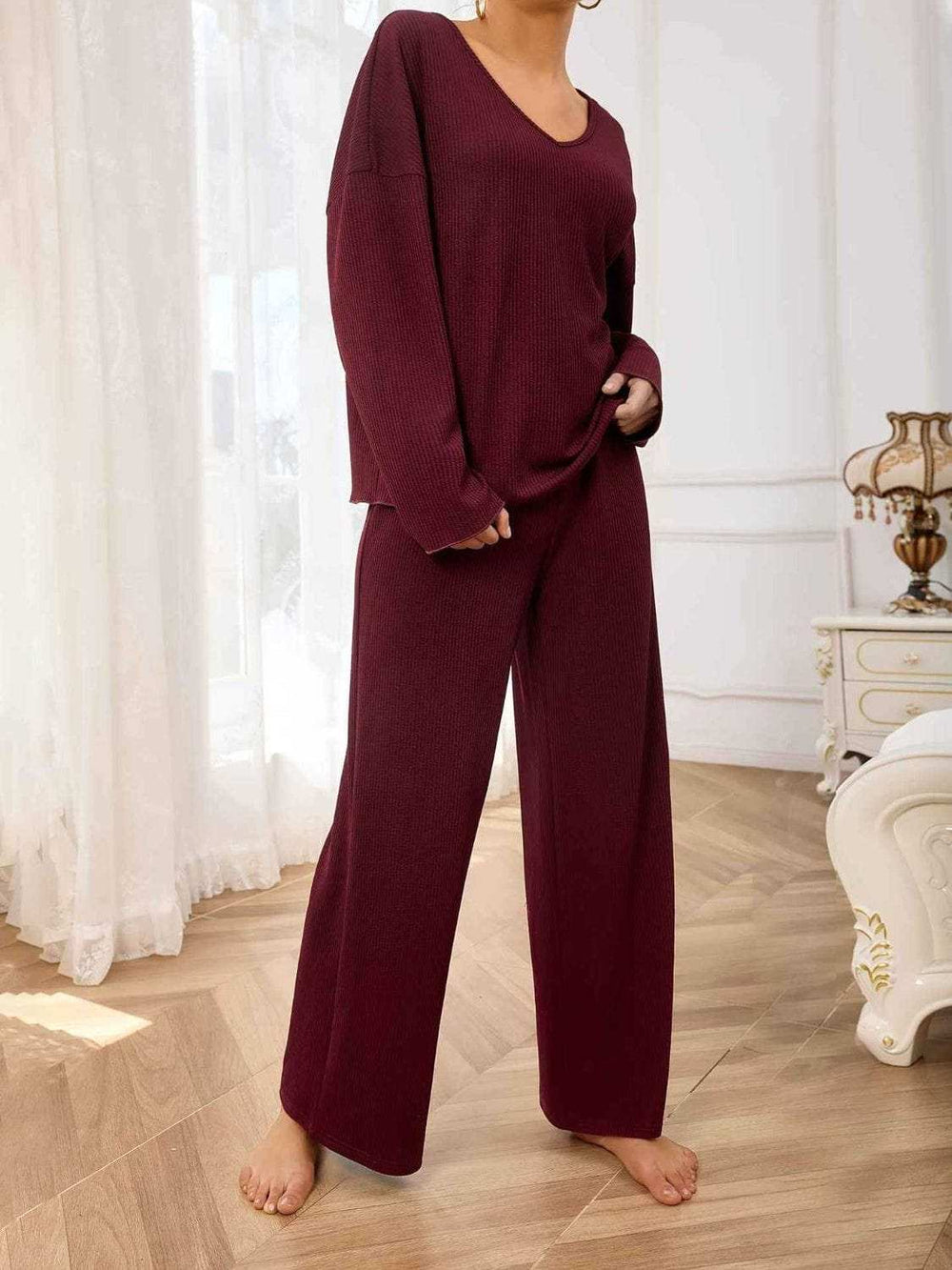 V-Neck Long Sleeve Top and Wide Leg Pants Set - Trendsi - Flyclothing LLC